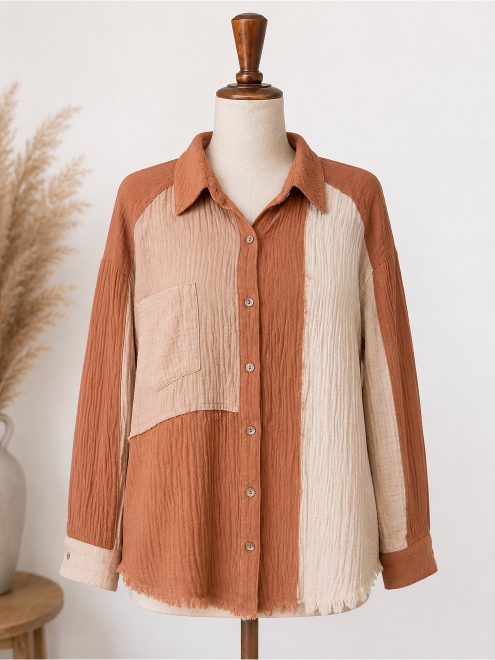 Women's Two-Tone Button Down Shirt in Rust & Cream